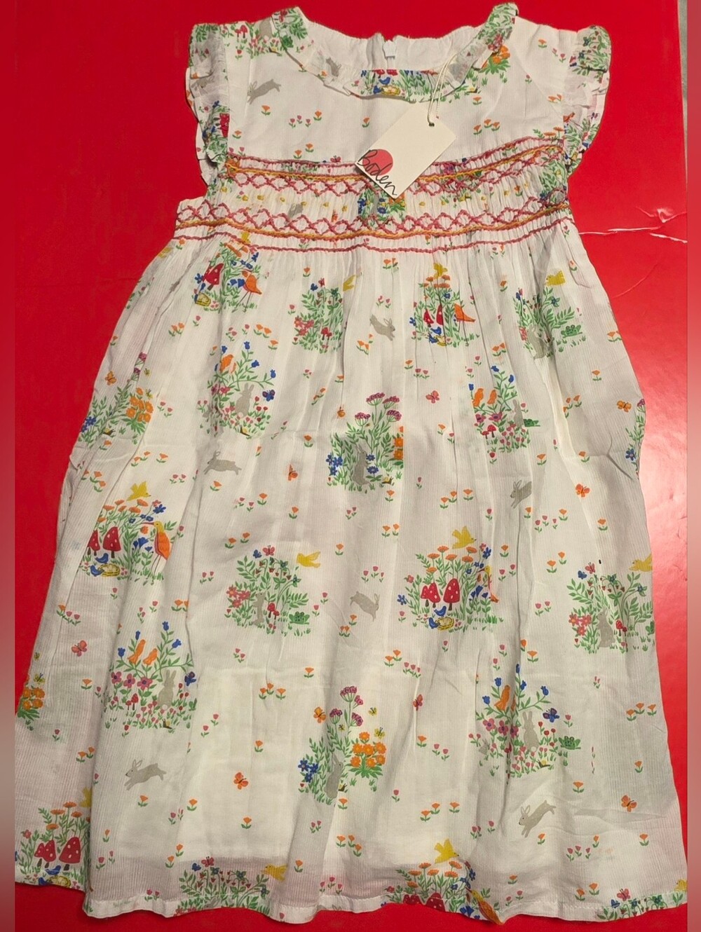 Mini Boden White Dress with Multicolor Floral & Nature Print Size 6